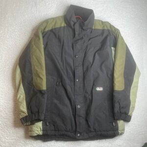 Vintage Stussy men black brown quilt line tactical jacket 90s L stain shown